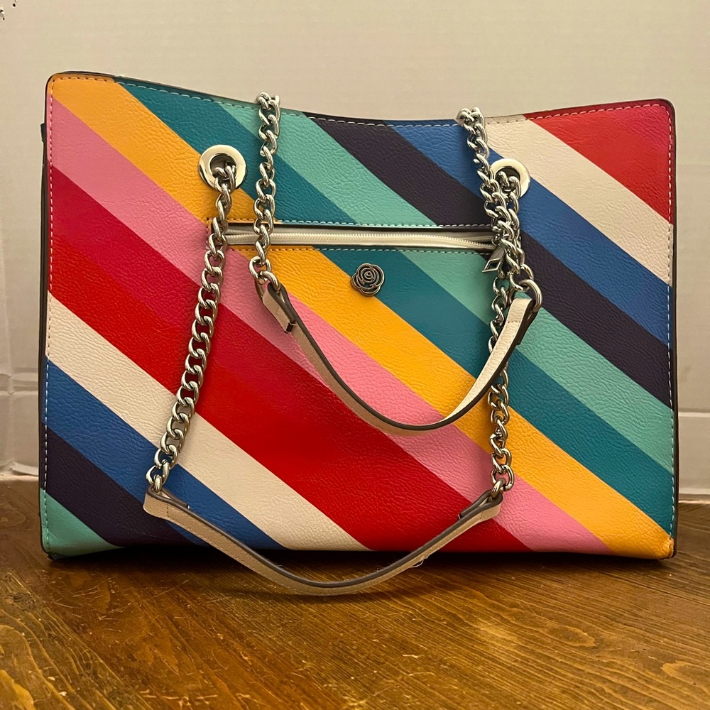 “Carlos by Carlos Santana" handbag, multi-colored striped design with tassel - Picture 1 of 12